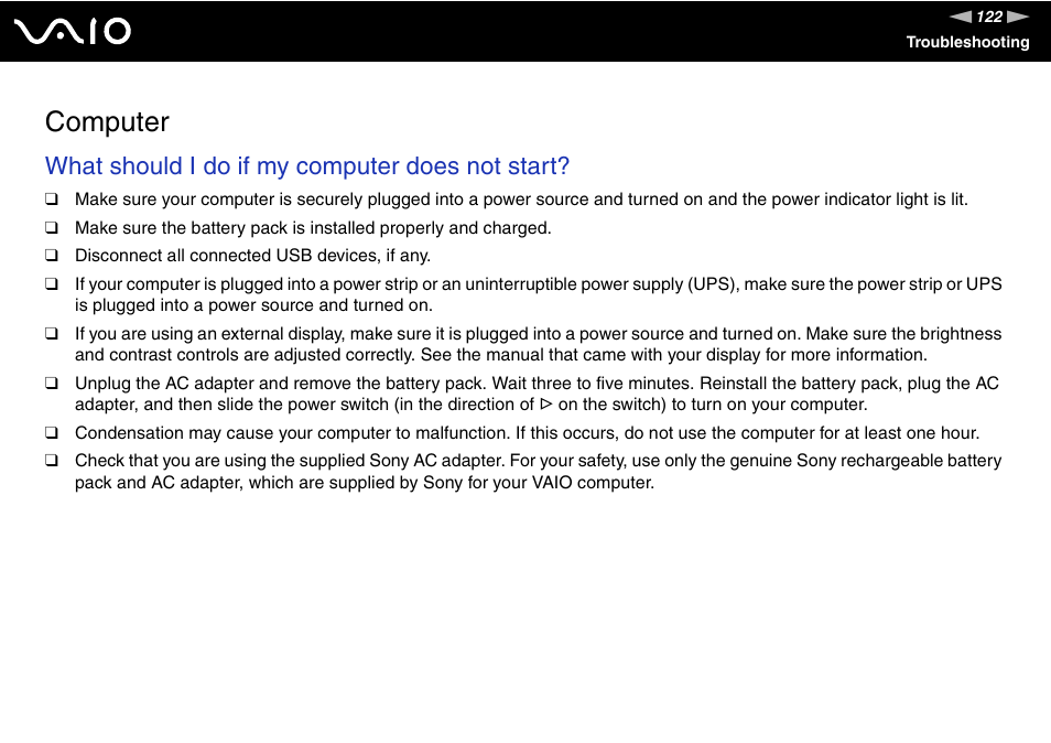 Computer, What should i do if my computer does not start | Sony VAIO VGN-P500 User Manual | Page 122 / 165