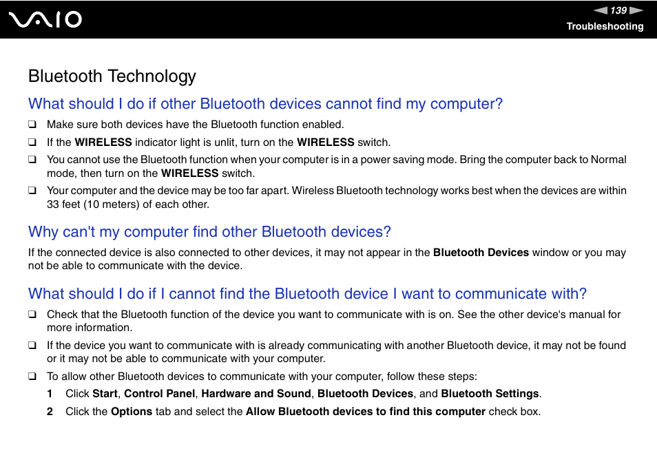 Bluetooth technology, Why can't my computer find other bluetooth devices | Sony VAIO VGN-P500 User Manual | Page 139 / 165