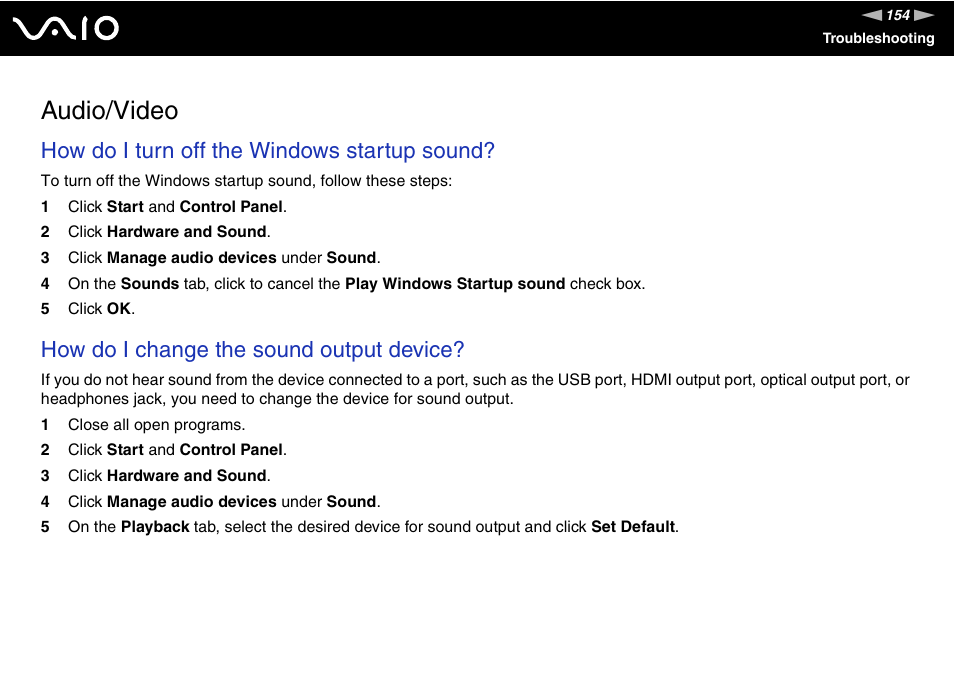 Audio/video, How do i turn off the windows startup sound, How do i change the sound output device | Sony VAIO VGN-P500 User Manual | Page 154 / 165