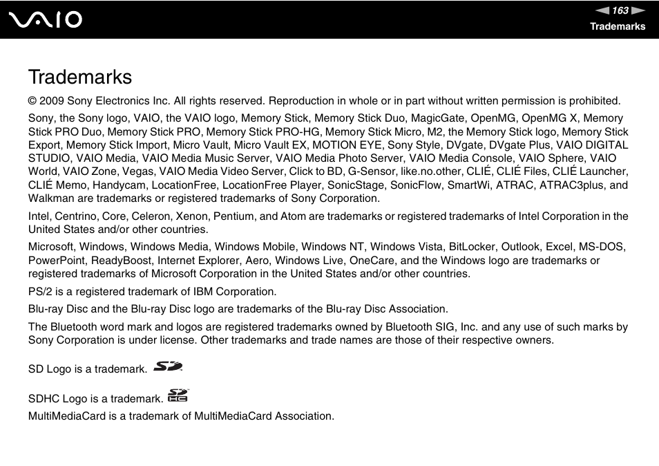 Trademarks | Sony VAIO VGN-P500 User Manual | Page 163 / 165