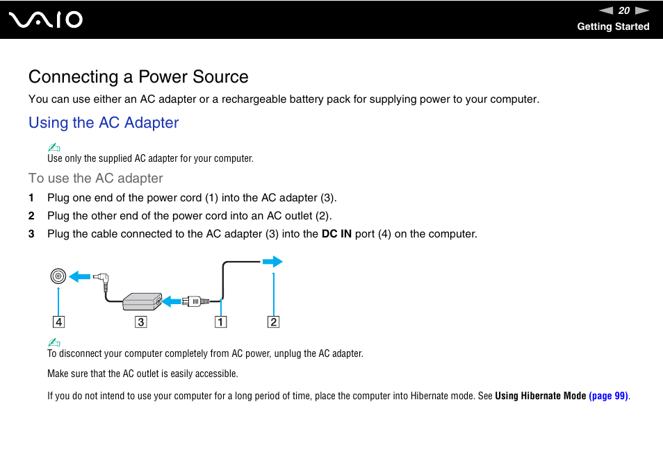 Connecting a power source, Using the ac adapter | Sony VAIO VGN-P500 User Manual | Page 20 / 165