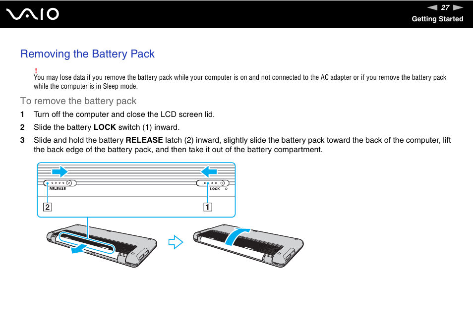 Removing the battery pack | Sony VAIO VGN-P500 User Manual | Page 27 / 165