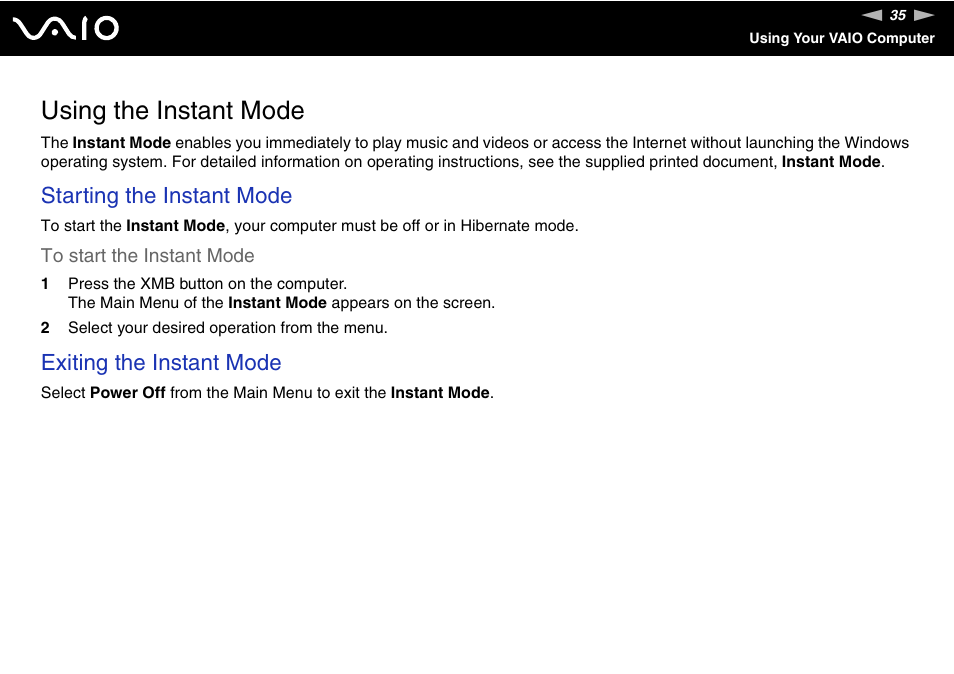 Using the instant mode, Starting the instant mode, Exiting the instant mode | Sony VAIO VGN-P500 User Manual | Page 35 / 165