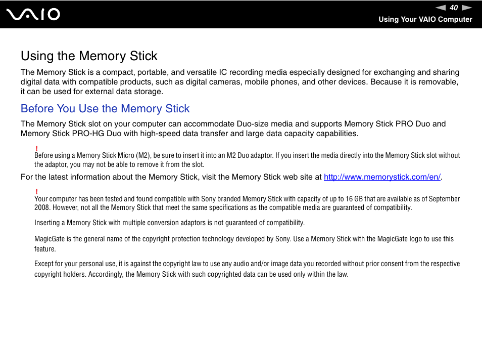 Using the memory stick | Sony VAIO VGN-P500 User Manual | Page 40 / 165