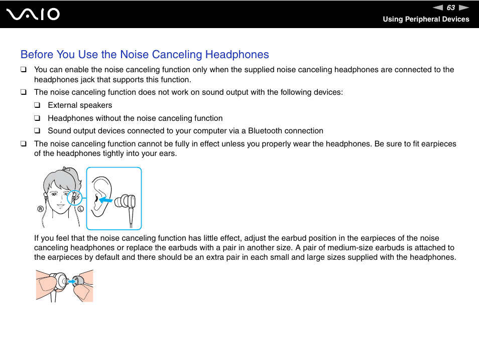 Before you use the noise canceling headphones | Sony VAIO VGN-P500 User Manual | Page 63 / 165