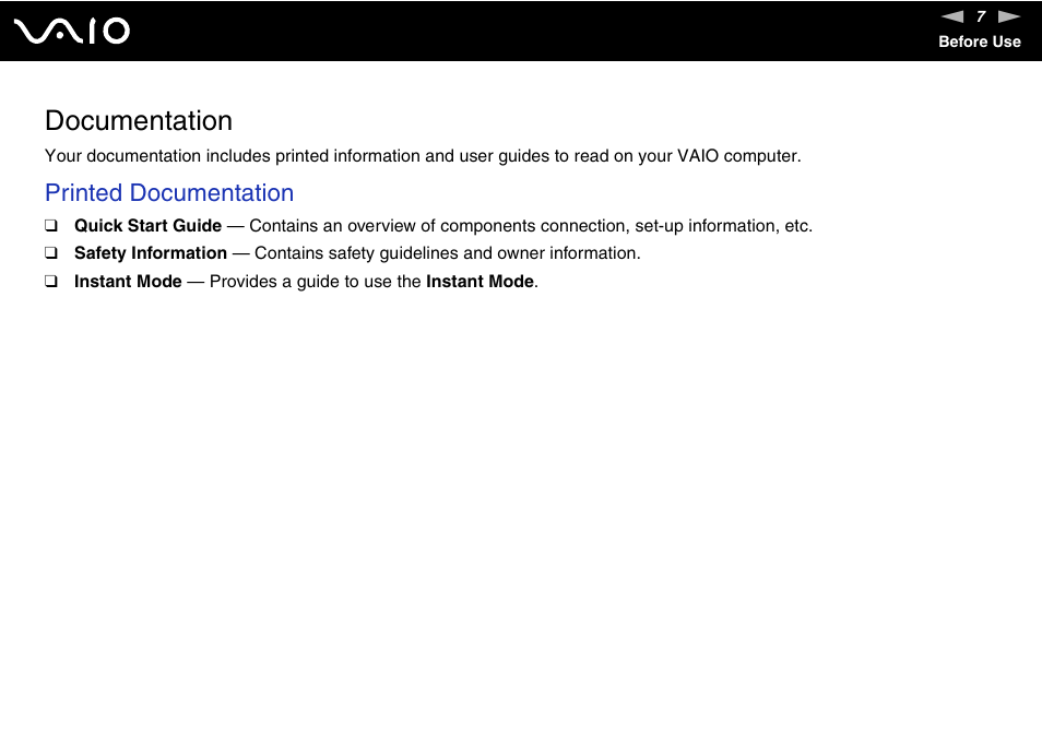 Documentation, Printed documentation | Sony VAIO VGN-P500 User Manual | Page 7 / 165