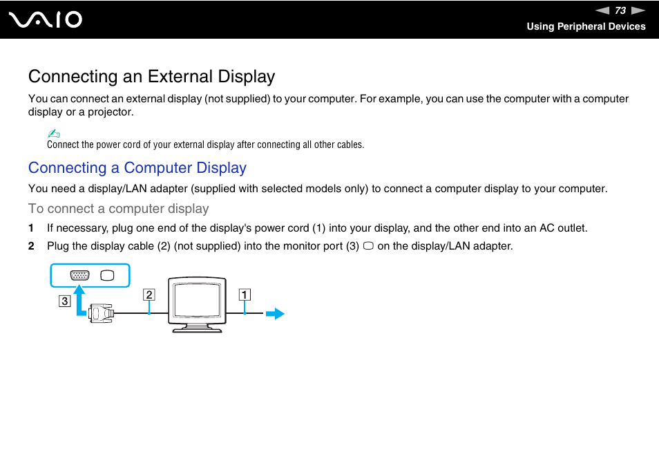 Connecting an external display, Connecting a computer display | Sony VAIO VGN-P500 User Manual | Page 73 / 165