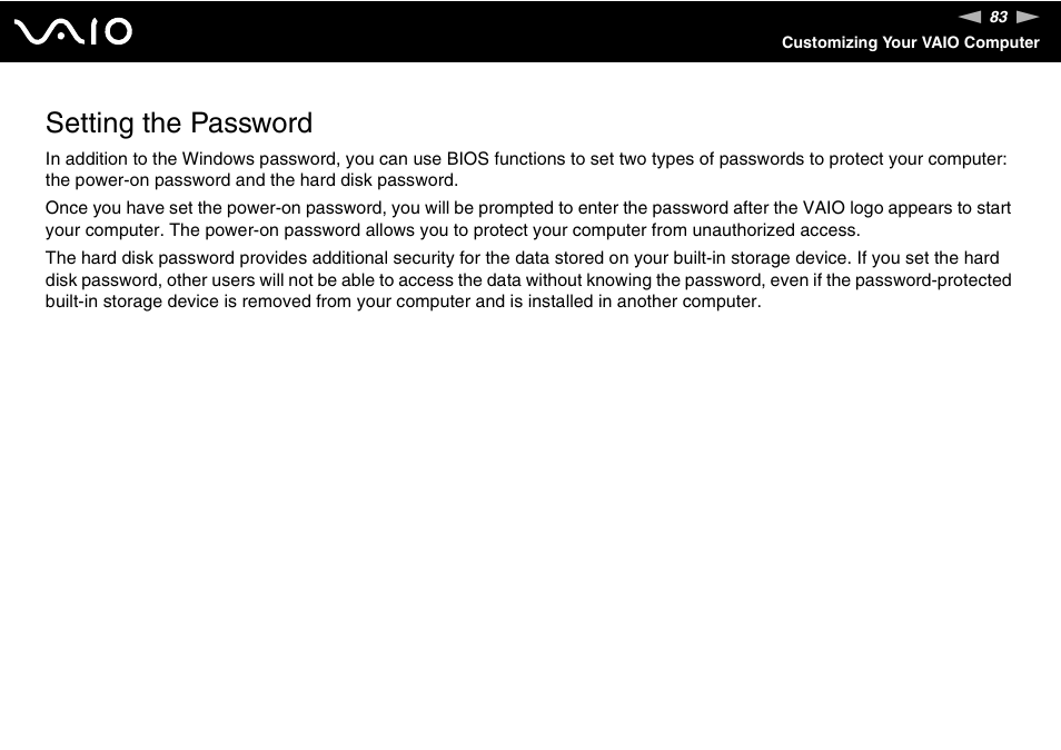 Setting the password | Sony VAIO VGN-P500 User Manual | Page 83 / 165