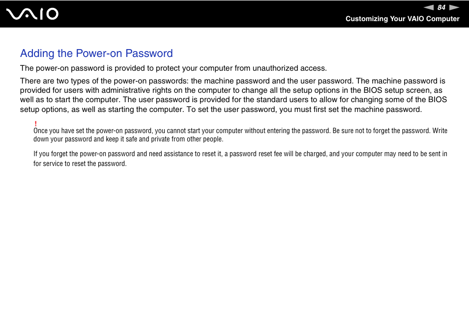 Adding the power-on password | Sony VAIO VGN-P500 User Manual | Page 84 / 165