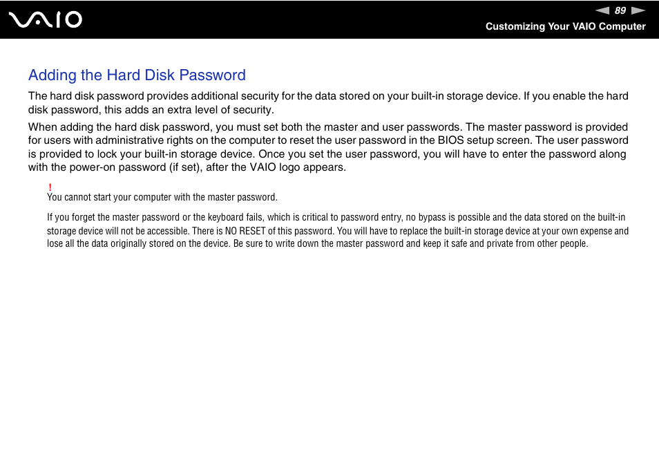 Adding the hard disk password | Sony VAIO VGN-P500 User Manual | Page 89 / 165