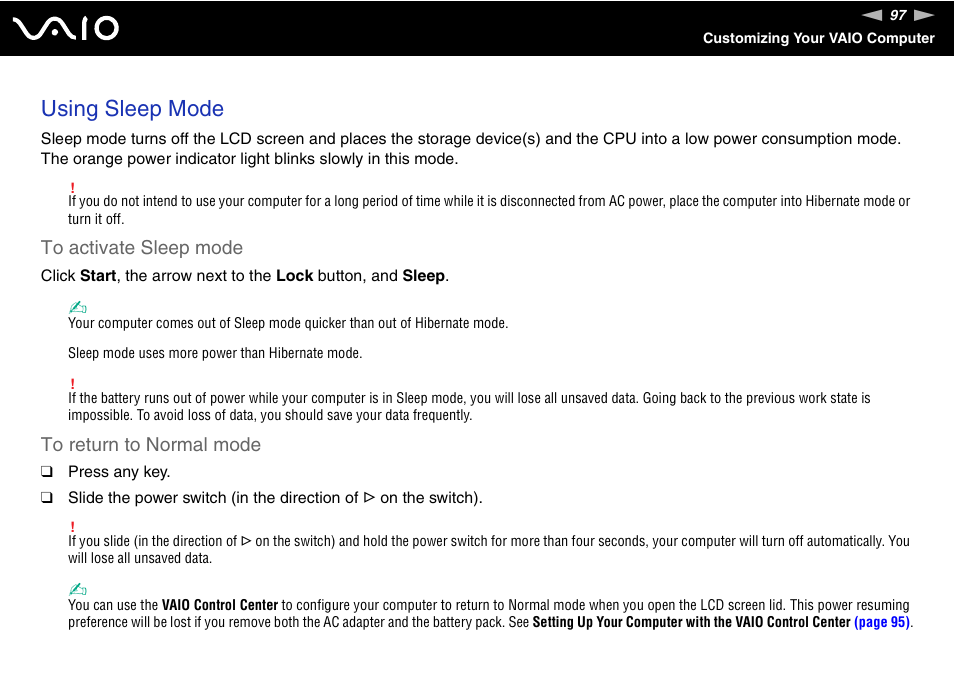 Using sleep mode | Sony VAIO VGN-P500 User Manual | Page 97 / 165