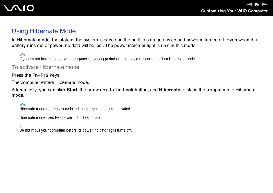Using hibernate mode | Sony VAIO VGN-P500 User Manual | Page 99 / 165