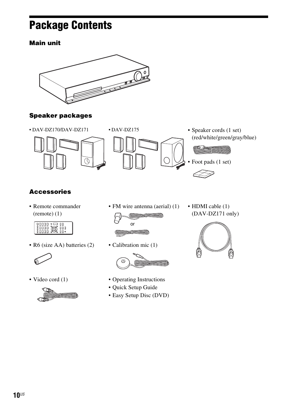 Package contents | Sony DAV-DZ175 User Manual | Page 10 / 76
