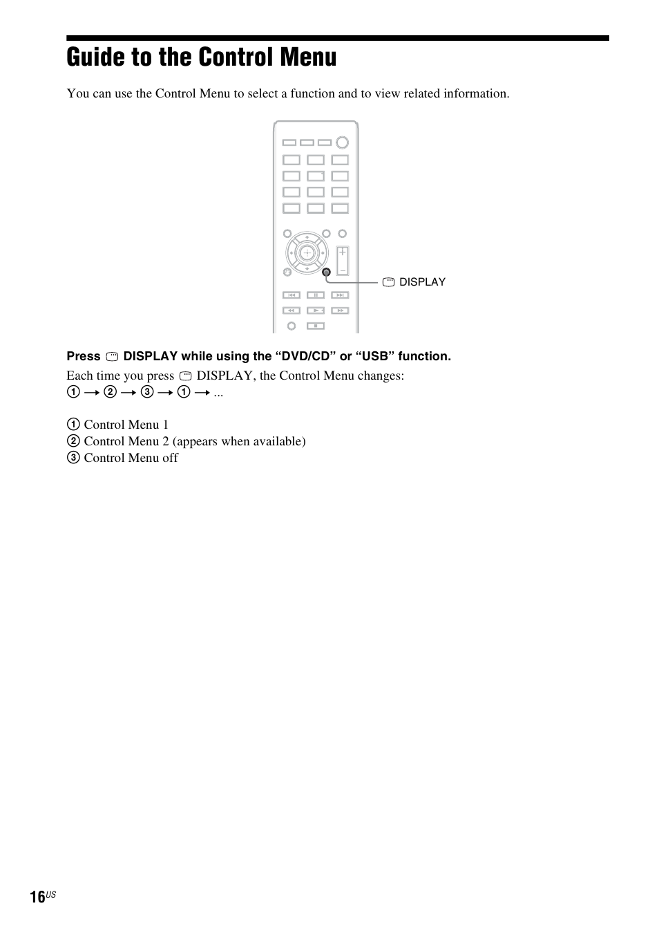Guide to the control menu | Sony DAV-DZ175 User Manual | Page 16 / 76