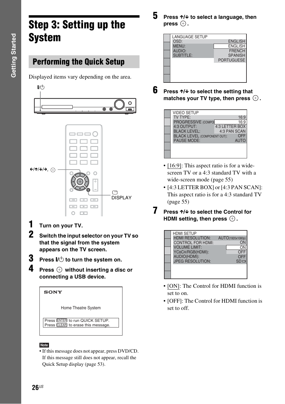 Step 3: setting up the system, Performing the quick setup | Sony DAV-DZ175 User Manual | Page 26 / 76