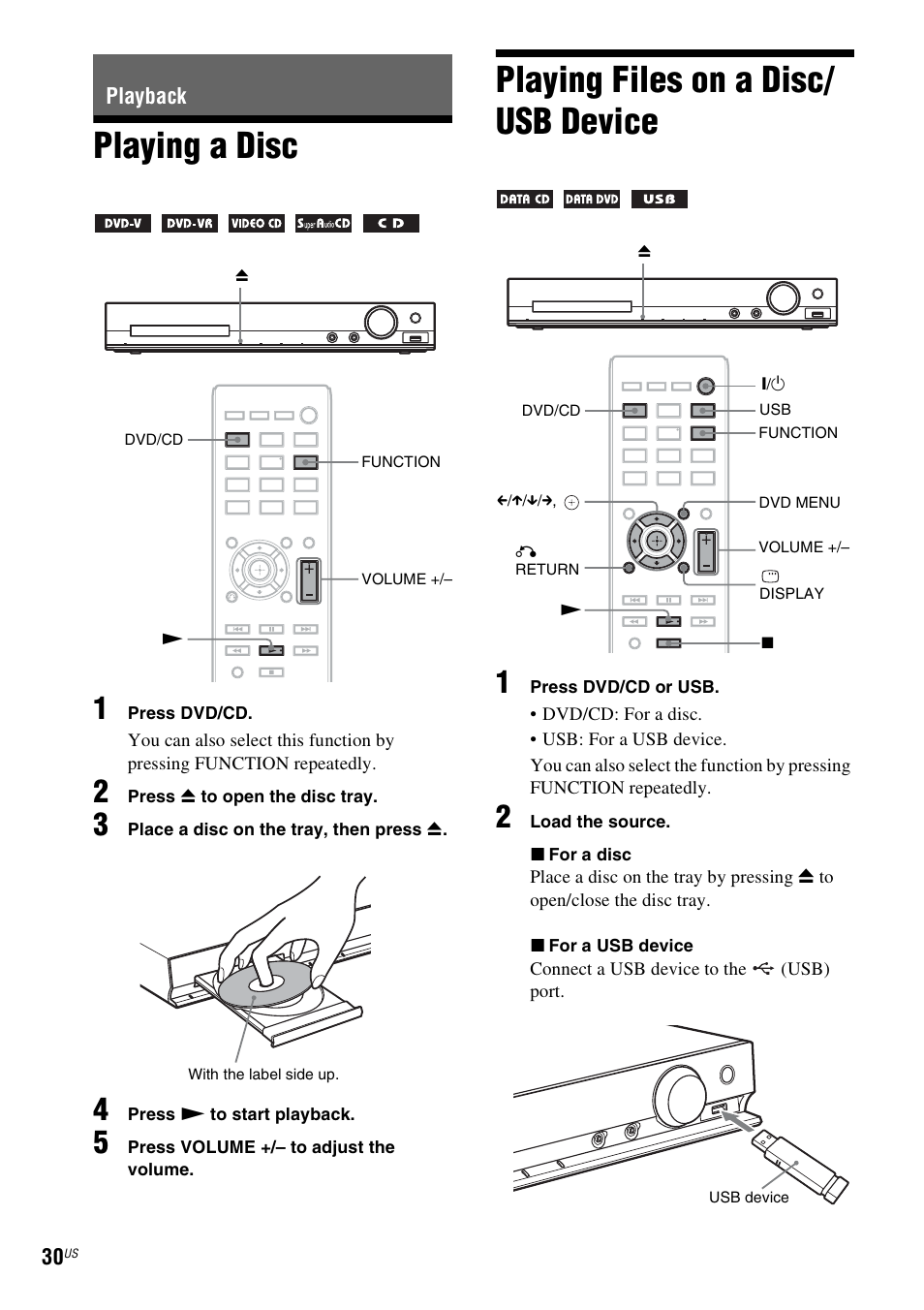 Playback, Playing a disc, Playing files on a disc/ usb device | Playing a disc playing files on a disc/usb device, Es 30, E 30) | Sony DAV-DZ175 User Manual | Page 30 / 76