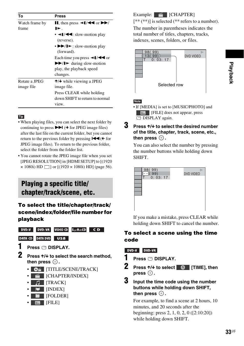 Playing a specific title/ chapter/track/scene, etc, Es 33 | Sony DAV-DZ175 User Manual | Page 33 / 76