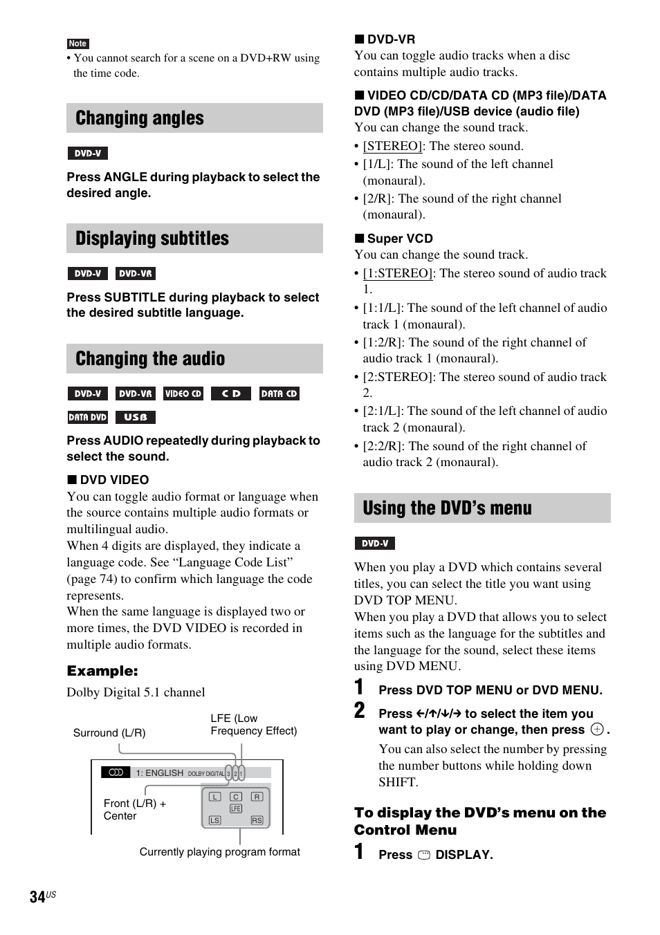 Changing angles, Displaying subtitles, Changing the audio | Using the dvd’s menu, Changing angles displaying subtitles | Sony DAV-DZ175 User Manual | Page 34 / 76