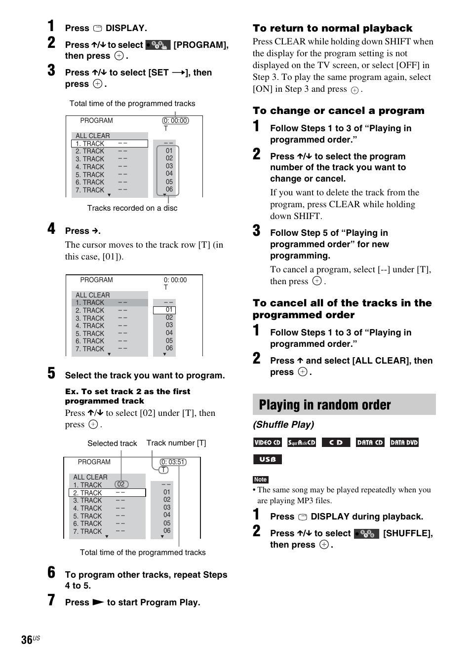 Playing in random order | Sony DAV-DZ175 User Manual | Page 36 / 76
