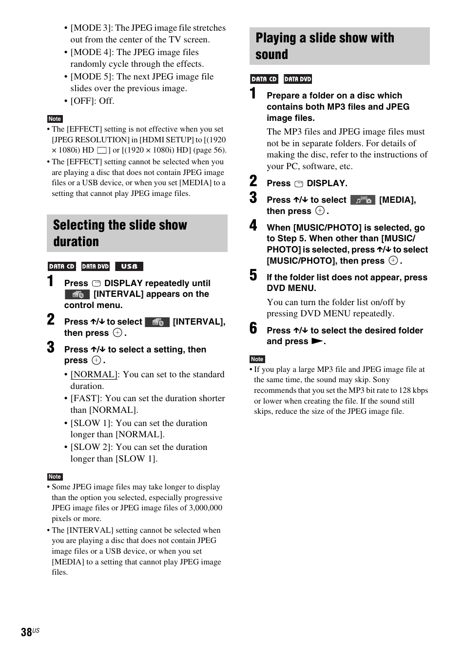 Selecting the slide show duration, Playing a slide show with sound | Sony DAV-DZ175 User Manual | Page 38 / 76