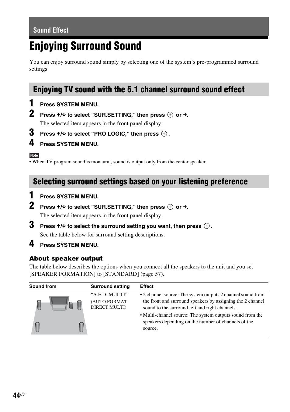 Sound effect, Enjoying surround sound | Sony DAV-DZ175 User Manual | Page 44 / 76