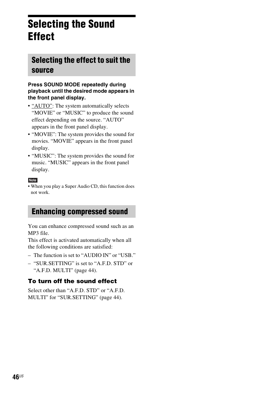 Selecting the sound effect, Selecting the effect to suit the source, Enhancing compressed sound | Sony DAV-DZ175 User Manual | Page 46 / 76