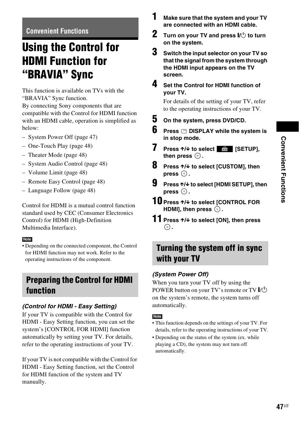 Convenient functions, Preparing the control for hdmi function, Turning the system off in sync with your tv | Using the control for hdmi function for, Bravia” sync | Sony DAV-DZ175 User Manual | Page 47 / 76