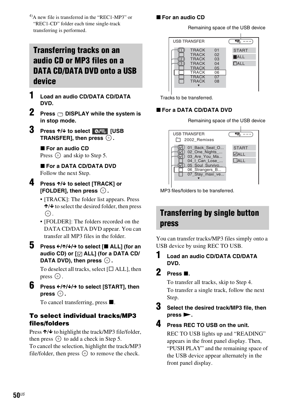 Transferring by single button press | Sony DAV-DZ175 User Manual | Page 50 / 76