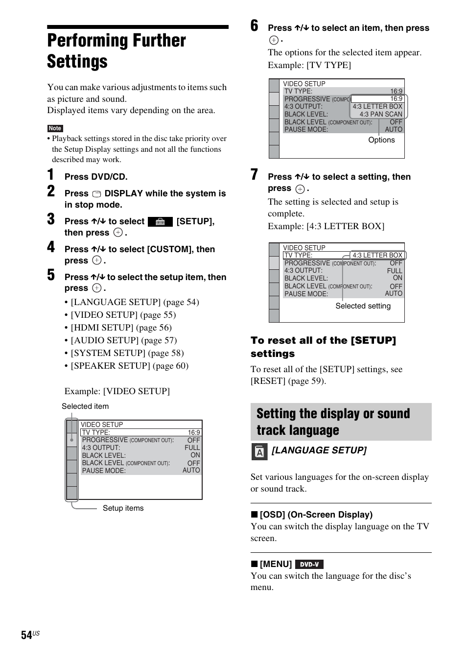 Performing further settings, Setting the display or sound track language | Sony DAV-DZ175 User Manual | Page 54 / 76