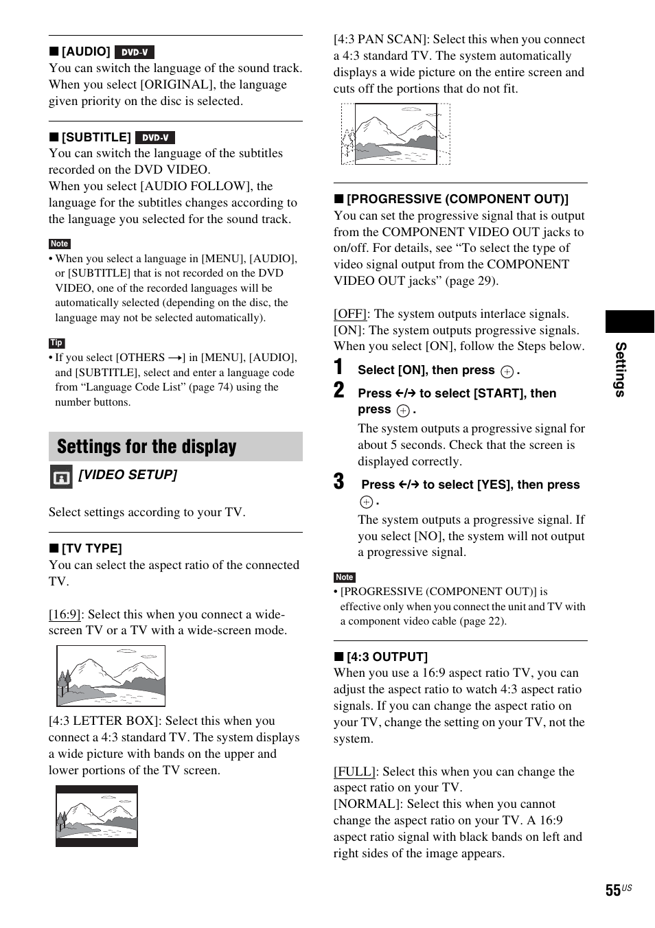 Settings for the display | Sony DAV-DZ175 User Manual | Page 55 / 76