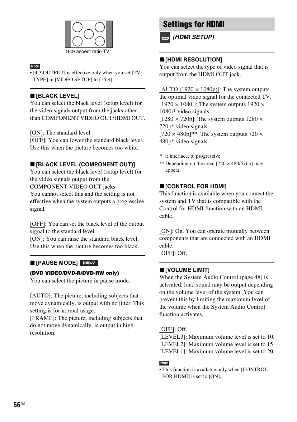 Settings for hdmi | Sony DAV-DZ175 User Manual | Page 56 / 76