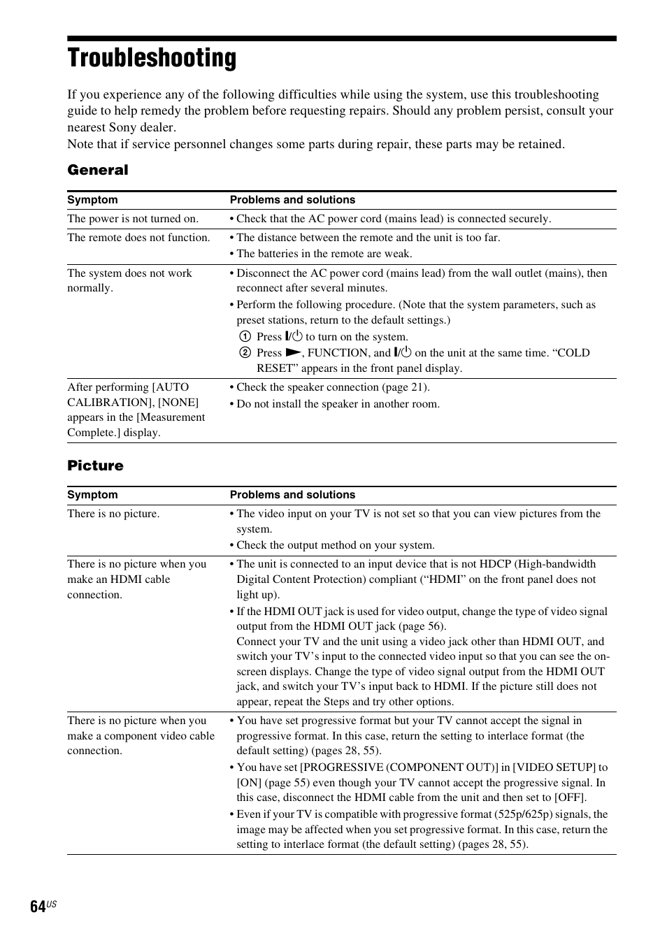 Troubleshooting | Sony DAV-DZ175 User Manual | Page 64 / 76