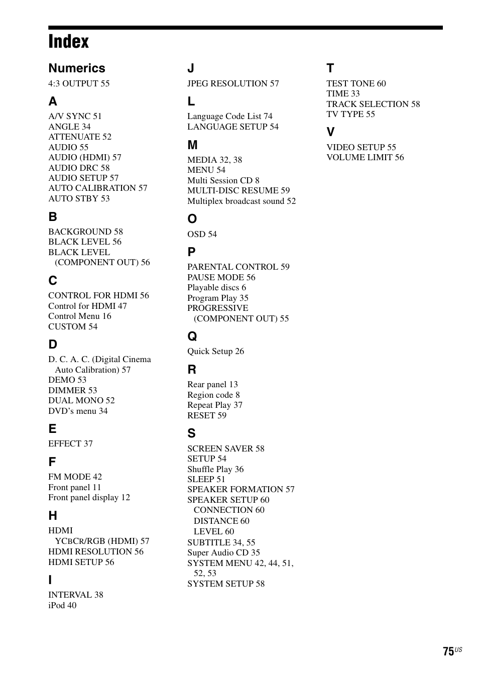 Index, Numerics | Sony DAV-DZ175 User Manual | Page 75 / 76