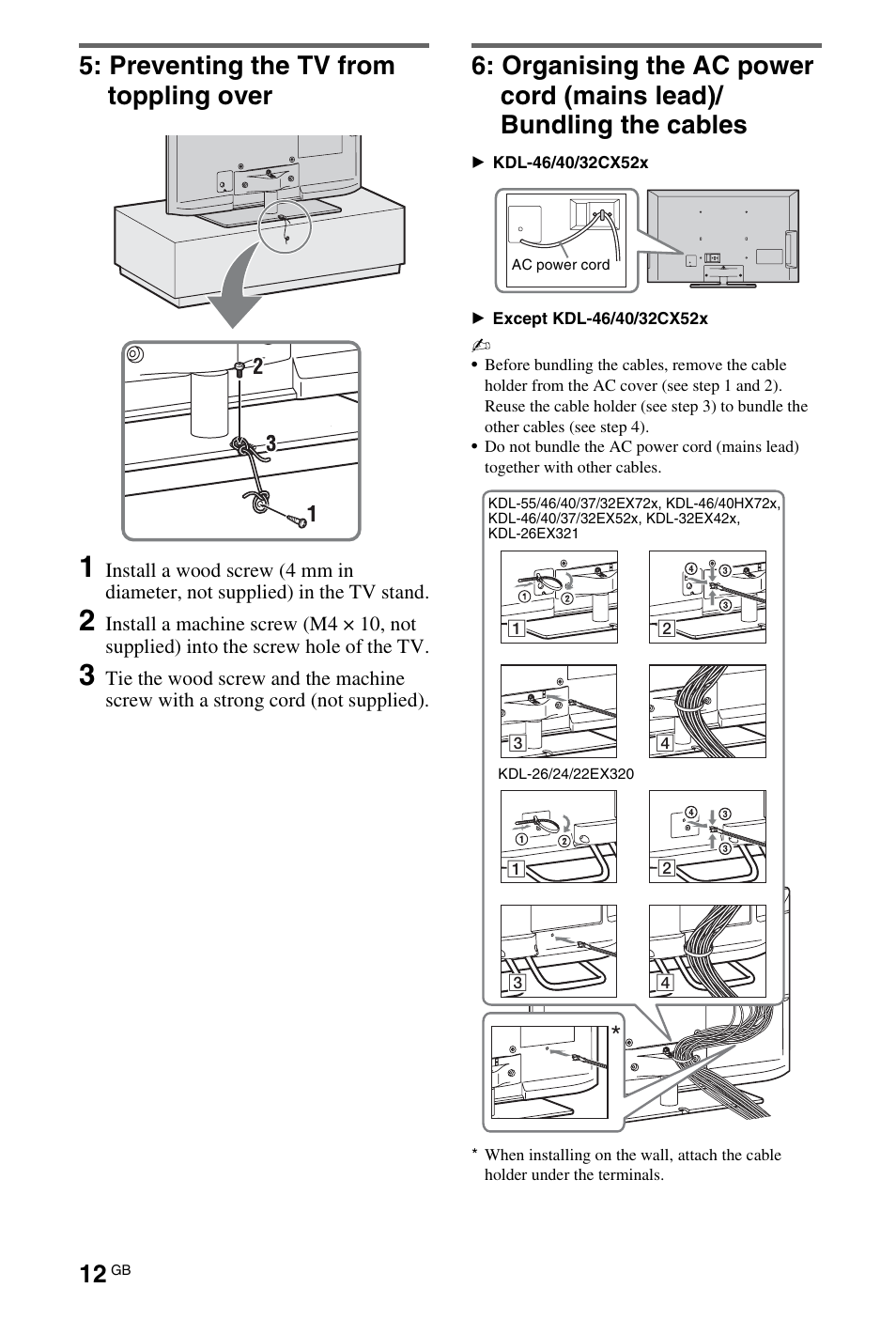 Preventing the tv from toppling over | Sony 32EX72X User Manual | Page 12 / 36