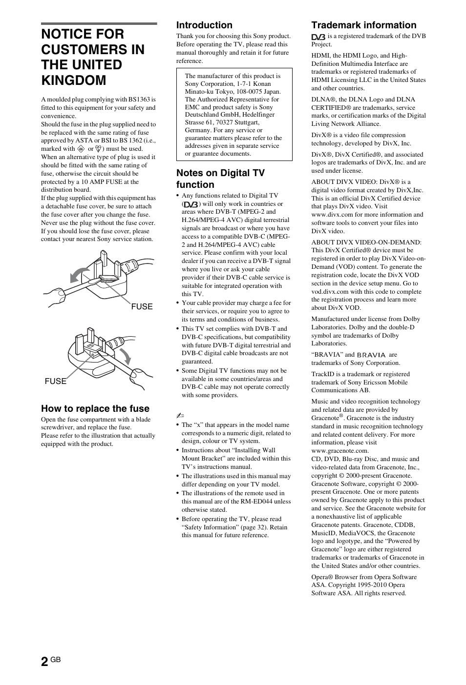 Notice for customers in the united kingdom, How to replace the fuse, Introduction | Trademark information | Sony 32EX72X User Manual | Page 2 / 36