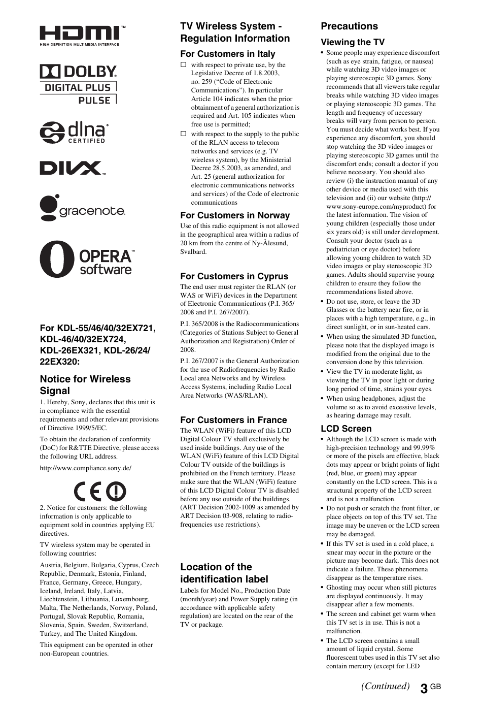 Notice for wireless signal, Tv wireless system - regulation information, Location of the identification label | Precautions, Continued) | Sony 32EX72X User Manual | Page 3 / 36