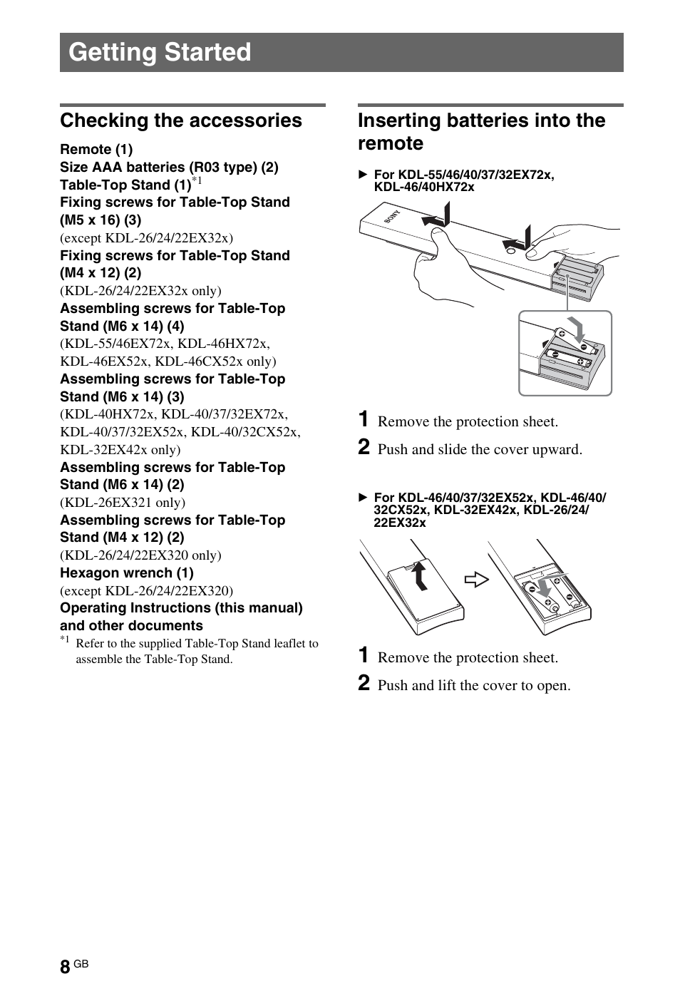 Getting started, Checking the accessories, Inserting batteries into the remote | Sony 32EX72X User Manual | Page 8 / 36