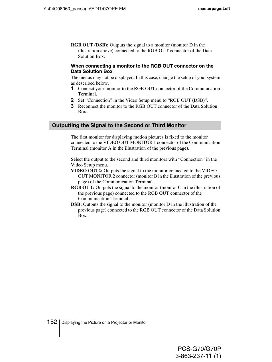 Outputting the signal to the second, Or third monitor | Sony PCS-G70P User Manual | Page 152 / 236
