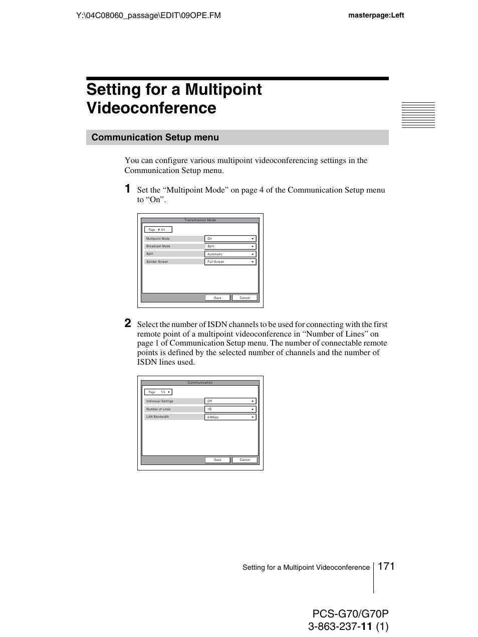 Setting for a multipoint videoconference, Communication setup menu | Sony PCS-G70P User Manual | Page 171 / 236