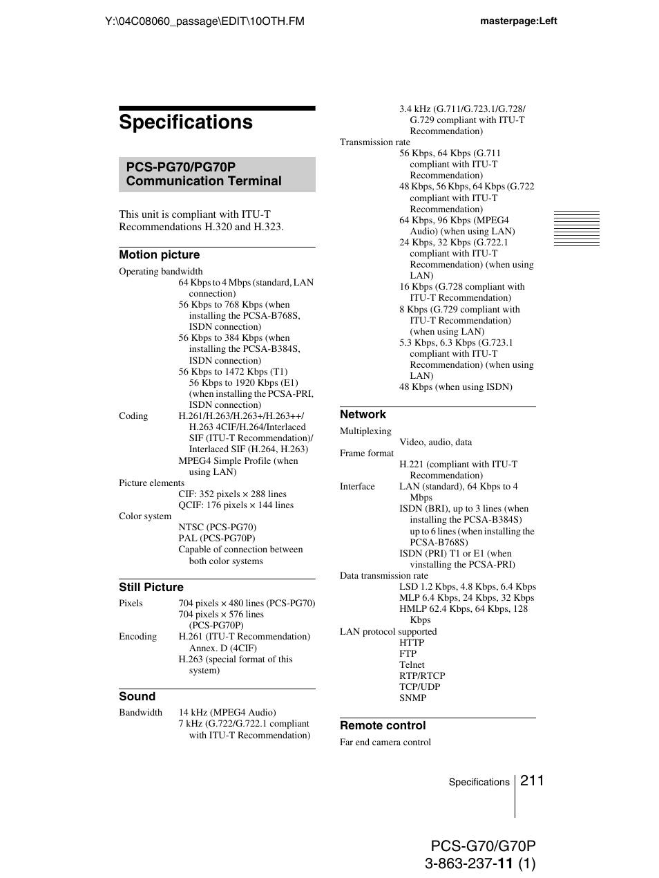 Specifications, Pcs-pg70/pg70p communication terminal, Pcs-pg70/pg70p communication | Terminal | Sony PCS-G70P User Manual | Page 211 / 236