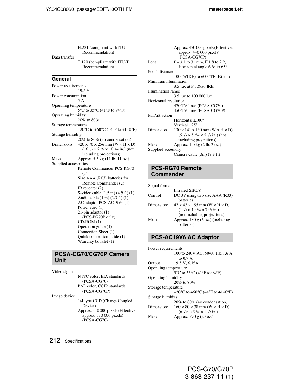 Pcsa-cg70/cg70p camera unit, Pcs-rg70 remote commander, Pcs-ac19v6 ac adaptor | Pcsa-cg70/cg70p camera, Unit, Pcs-rg70 remote, Commander | Sony PCS-G70P User Manual | Page 212 / 236