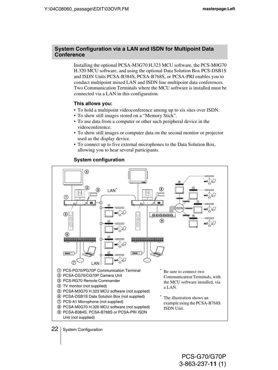 System configuration via a lan, And isdn for multipoint data conference | Sony PCS-G70P User Manual | Page 22 / 236