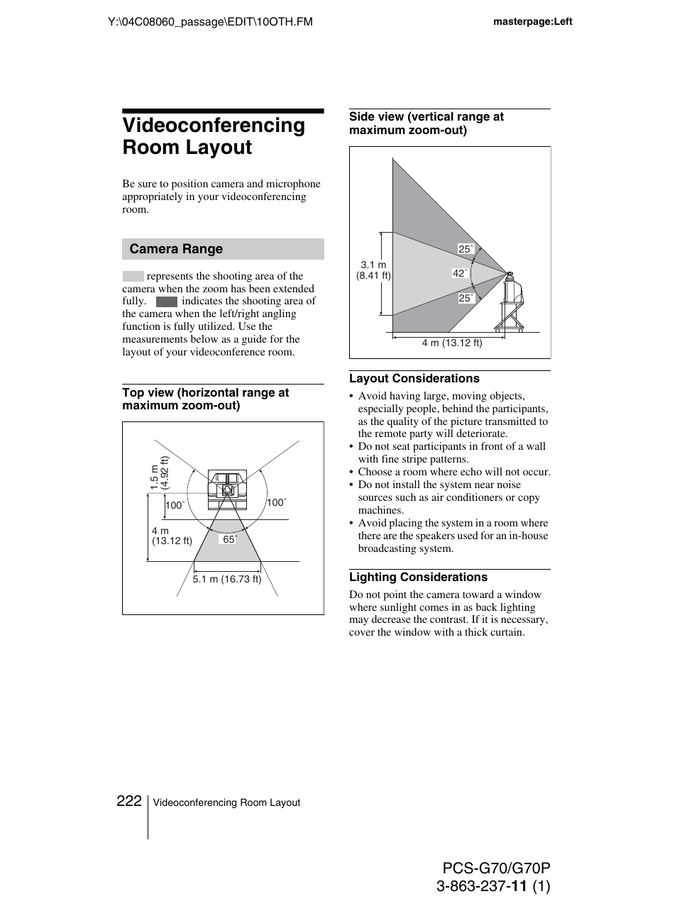 Videoconferencing room layout, Camera range | Sony PCS-G70P User Manual | Page 222 / 236