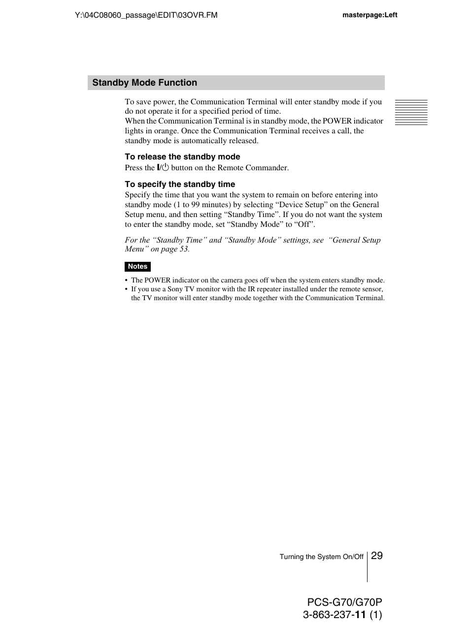 Standby mode function | Sony PCS-G70P User Manual | Page 29 / 236