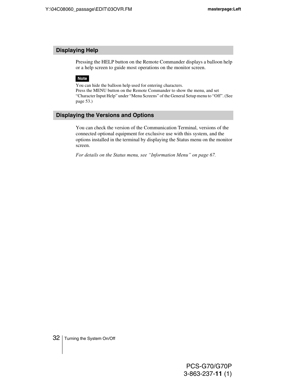 Displaying help, Displaying the versions and options, Displaying help displaying the versions and | Options | Sony PCS-G70P User Manual | Page 32 / 236