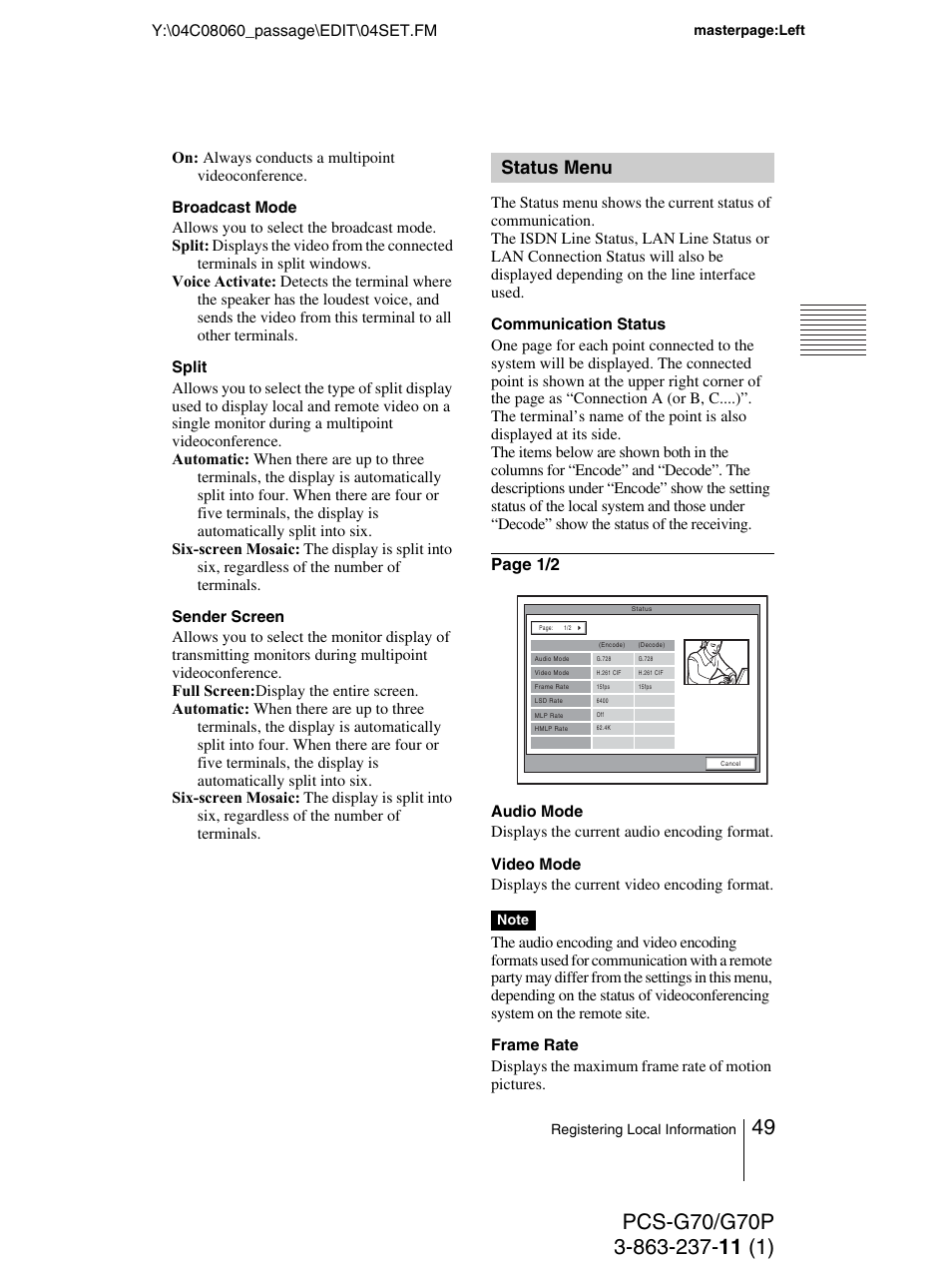 Status menu | Sony PCS-G70P User Manual | Page 49 / 236