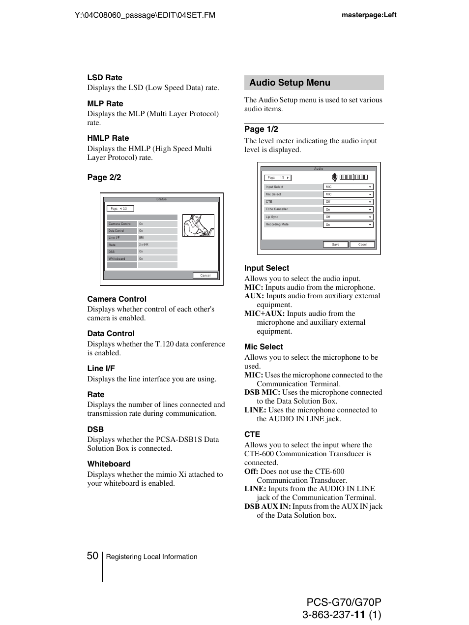 Audio setup menu | Sony PCS-G70P User Manual | Page 50 / 236