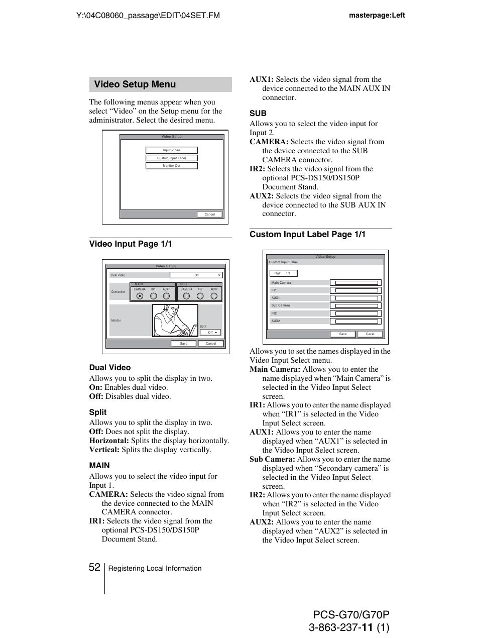 Video setup menu | Sony PCS-G70P User Manual | Page 52 / 236