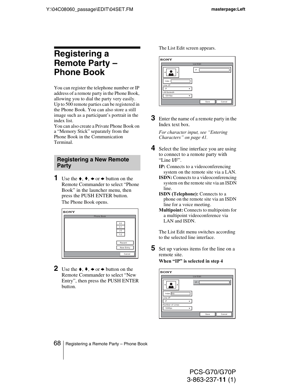 Registering a remote party – phone book, Registering a new remote party, Registering a new remote | Party, Ges 68 | Sony PCS-G70P User Manual | Page 68 / 236