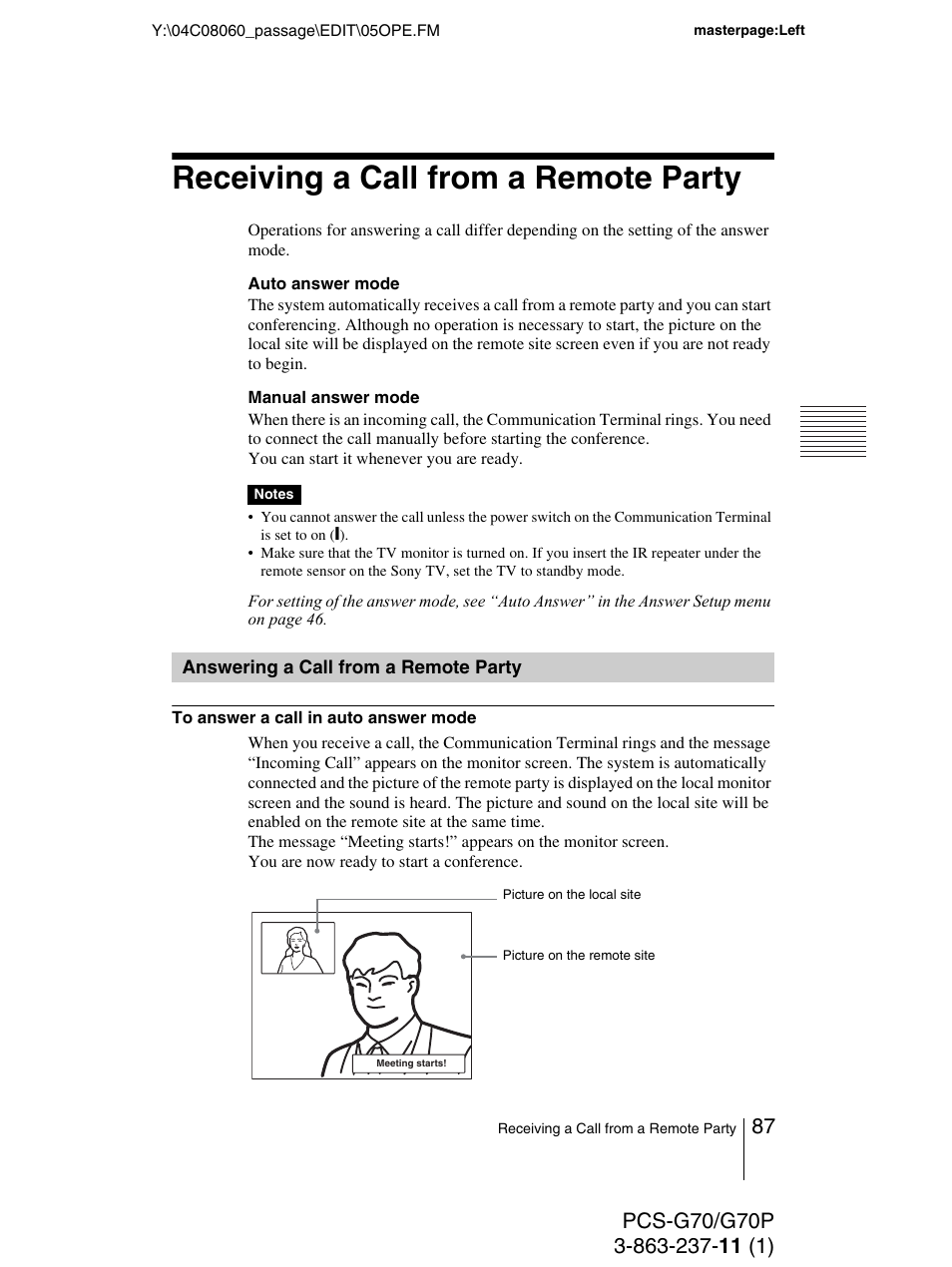 Receiving a call from a remote party, Answering a call from a remote party, Answering a call from a remote | Party | Sony PCS-G70P User Manual | Page 87 / 236